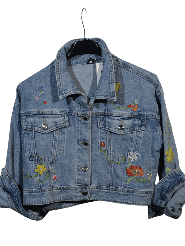 Giacca jeans con ricami a fiori