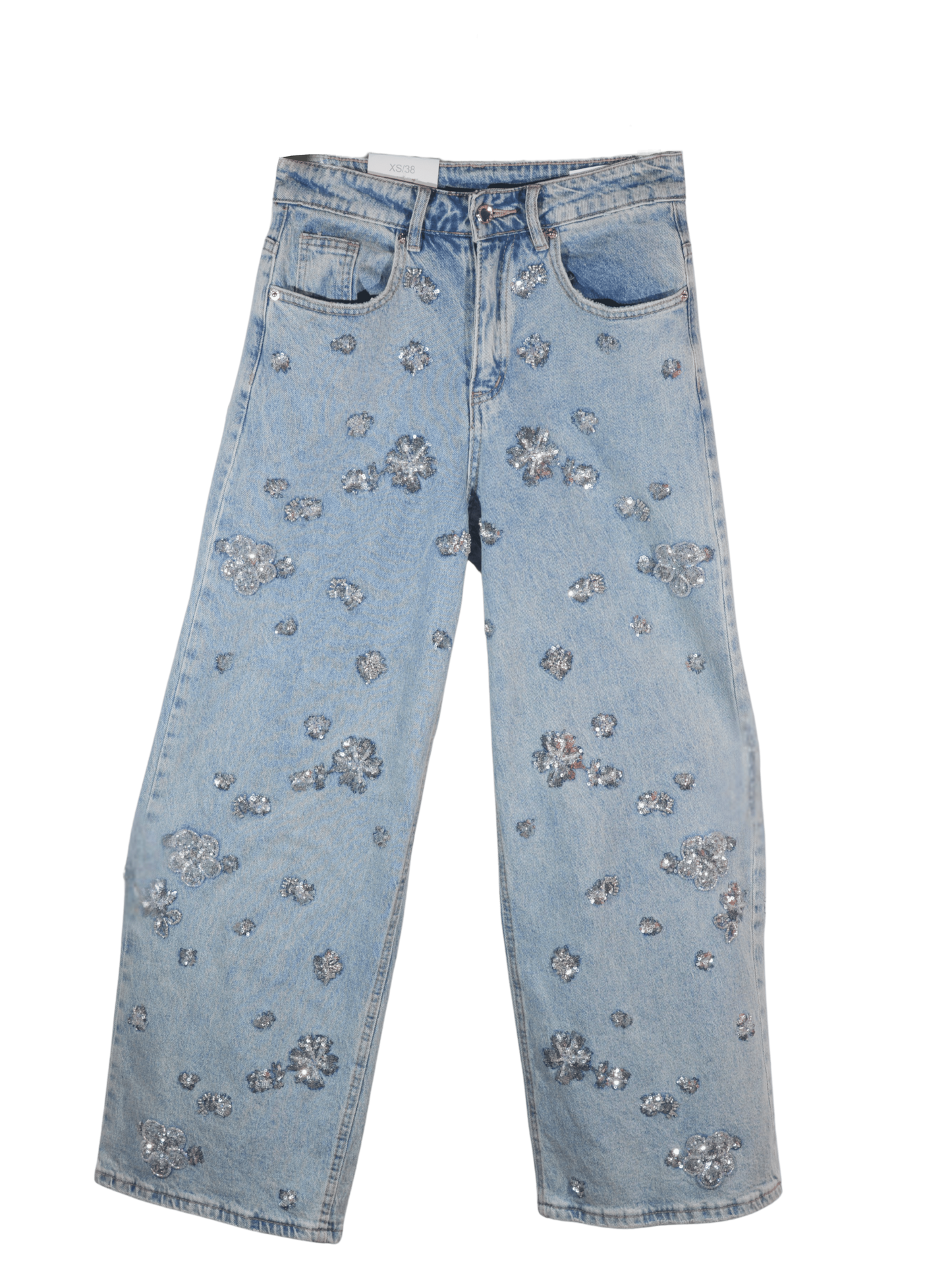 Jeans a palazzo con paillettes a fiore