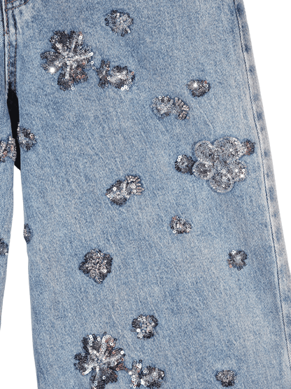 Jeans a palazzo con paillettes a fiore