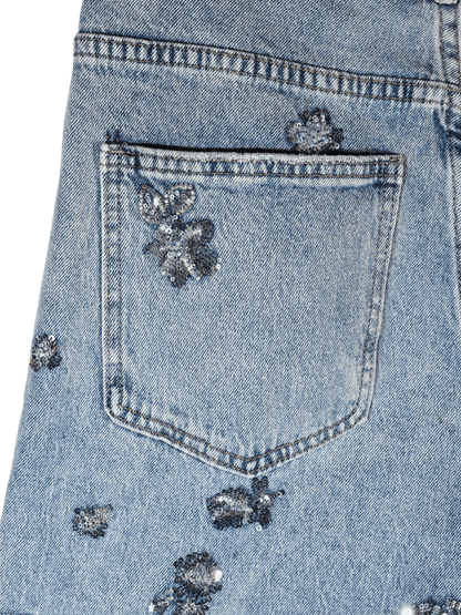 Jeans a palazzo con paillettes a fiore